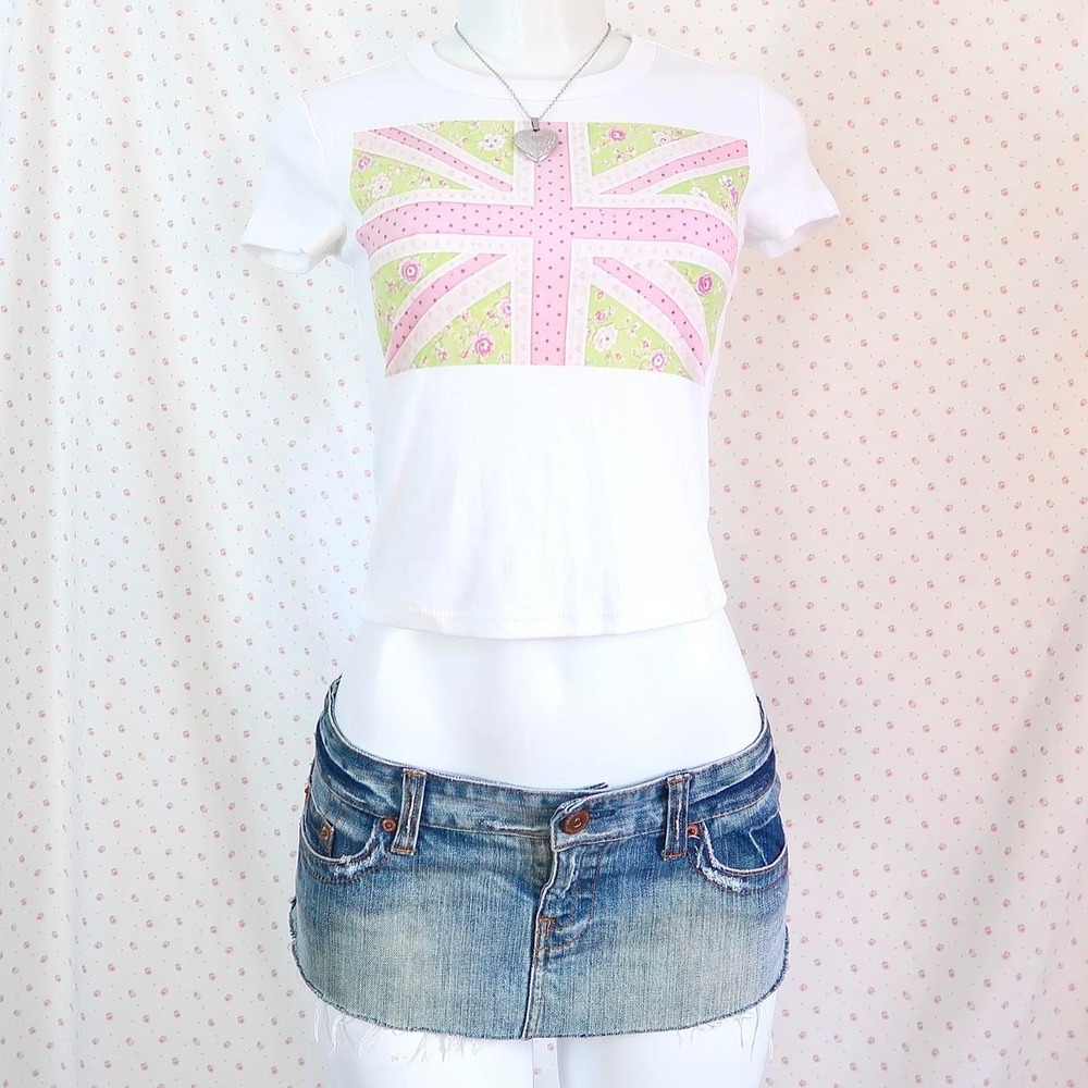 y2k pink floral union jack graphic baby tee